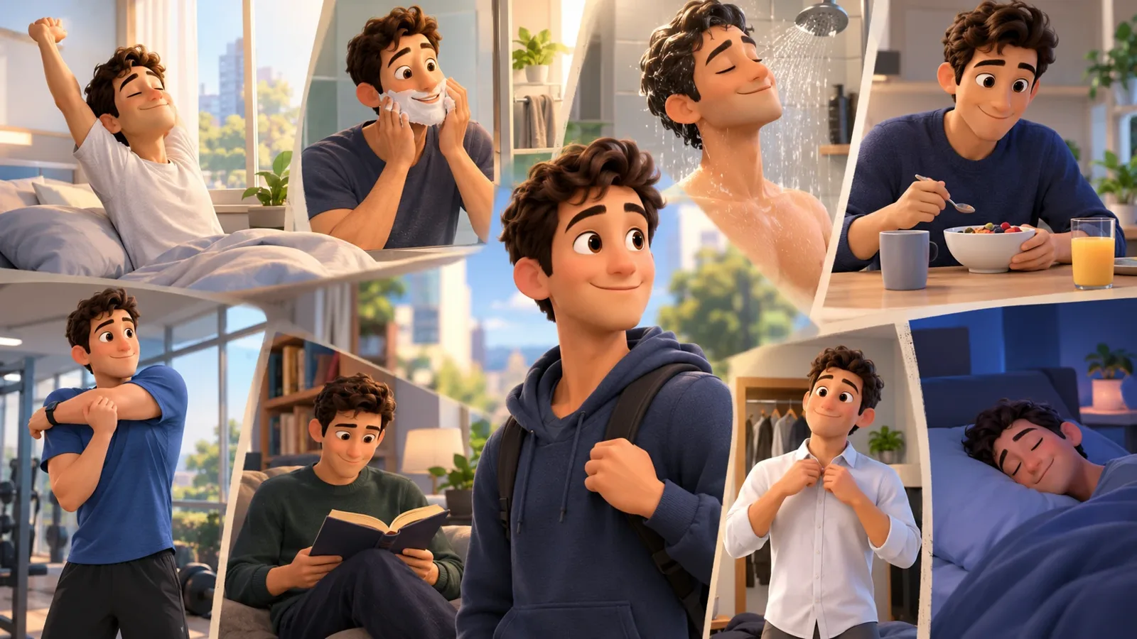 Collage del día de un joven: se despierta y se estira, se rasura, se baña, desayuna, hace ejercicio, lee, se viste, se va con su mochila y se duerme.