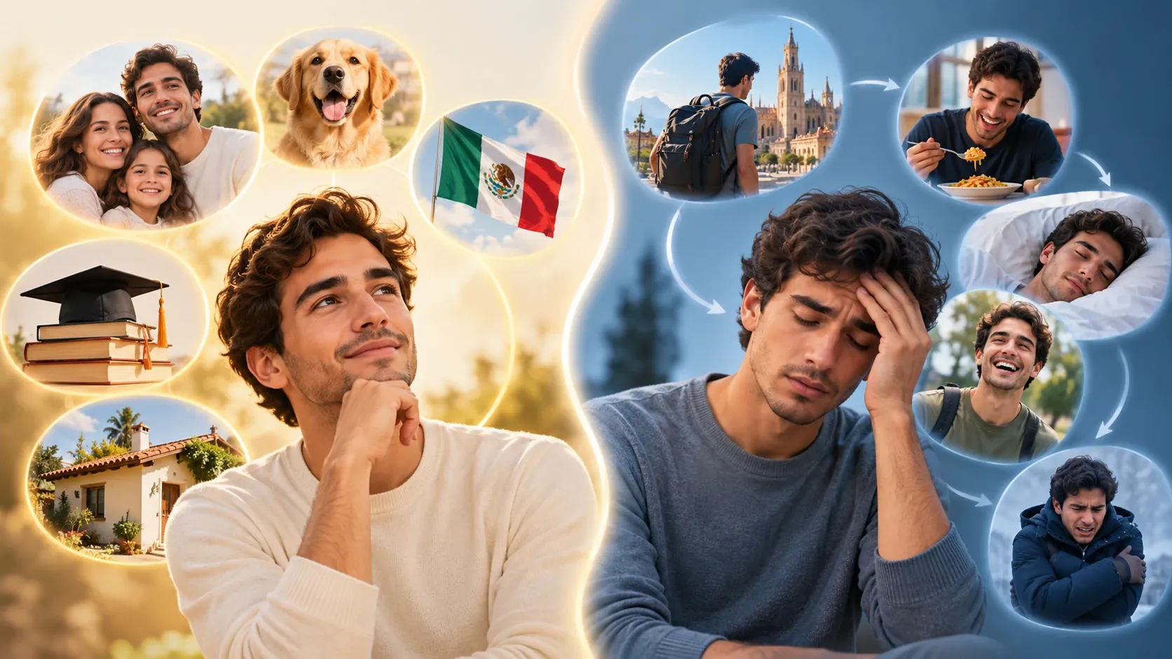 Two sides of Diego. Left, in warm light: his family, his dog, the Mexican flag, a graduation cap on books and his house. Right, in blue: Diego on a trip — in front of a cathedral, eating, sleeping, laughing and freezing in the snow — and in the middle he looks tired.
