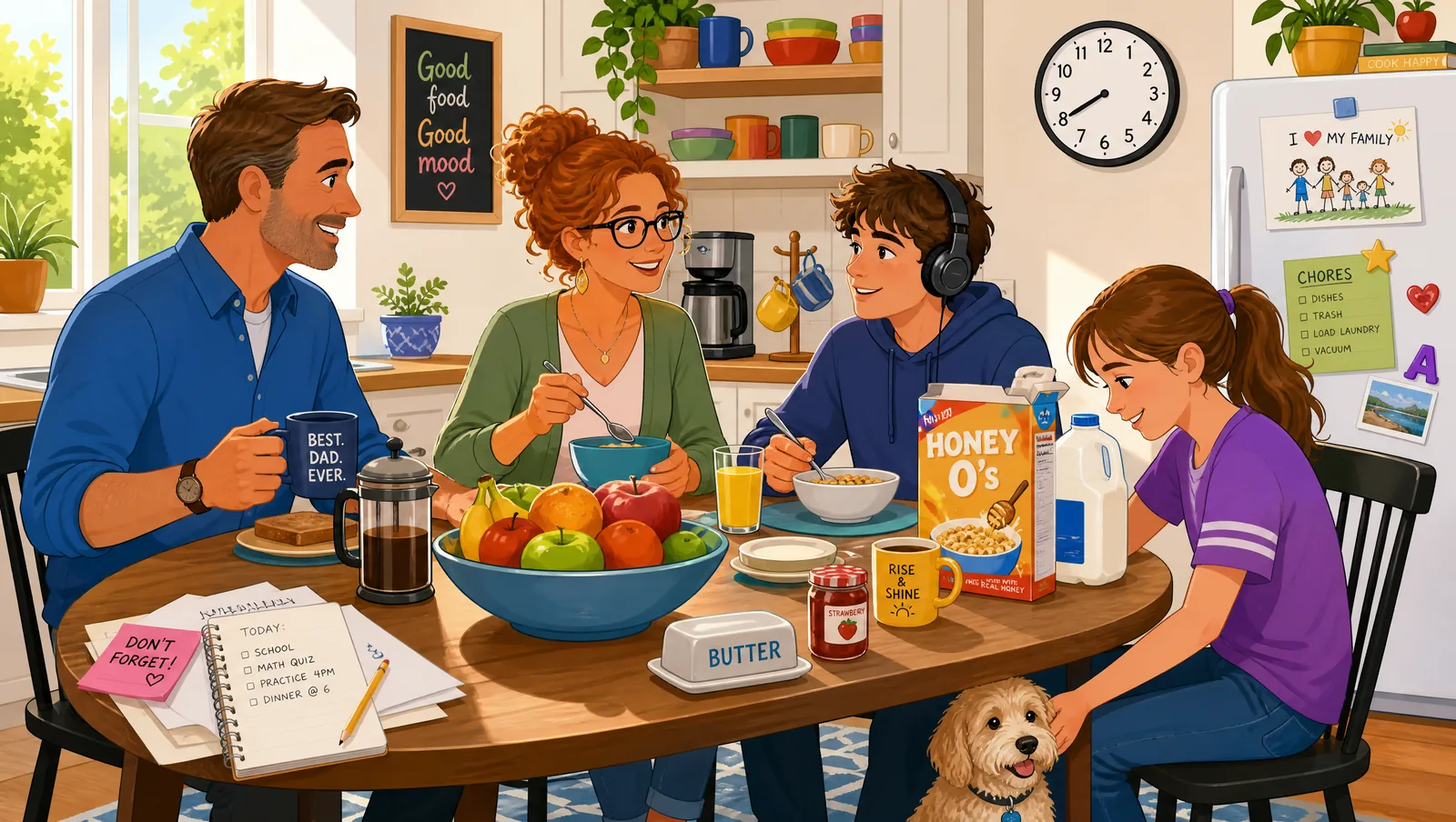 Una familia desayunando junta en la cocina