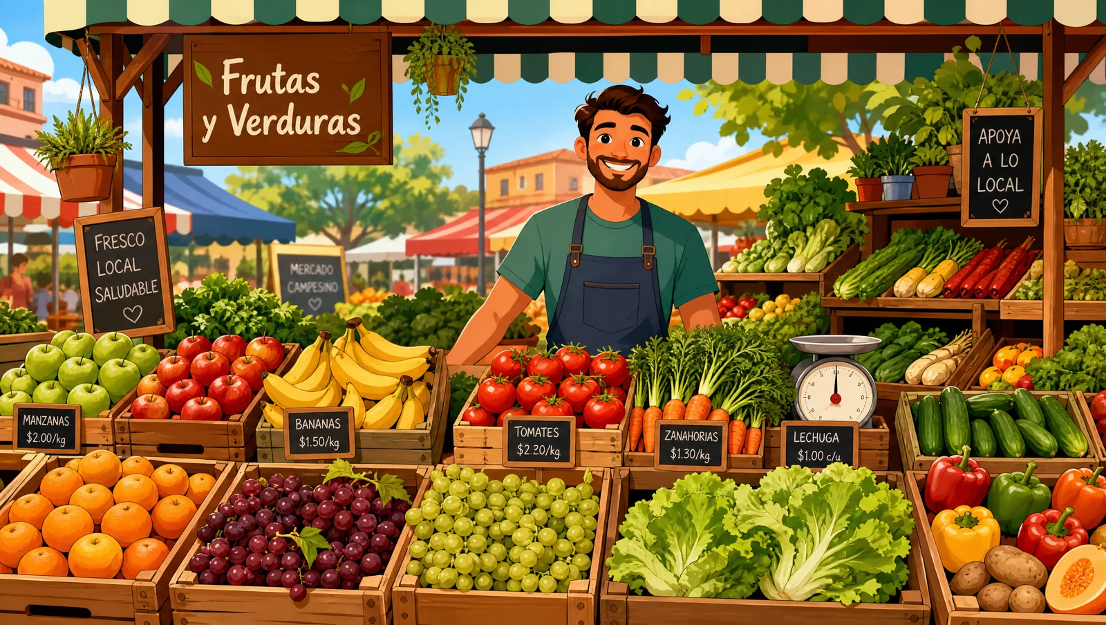 Un puesto de frutas y verduras con precios en español