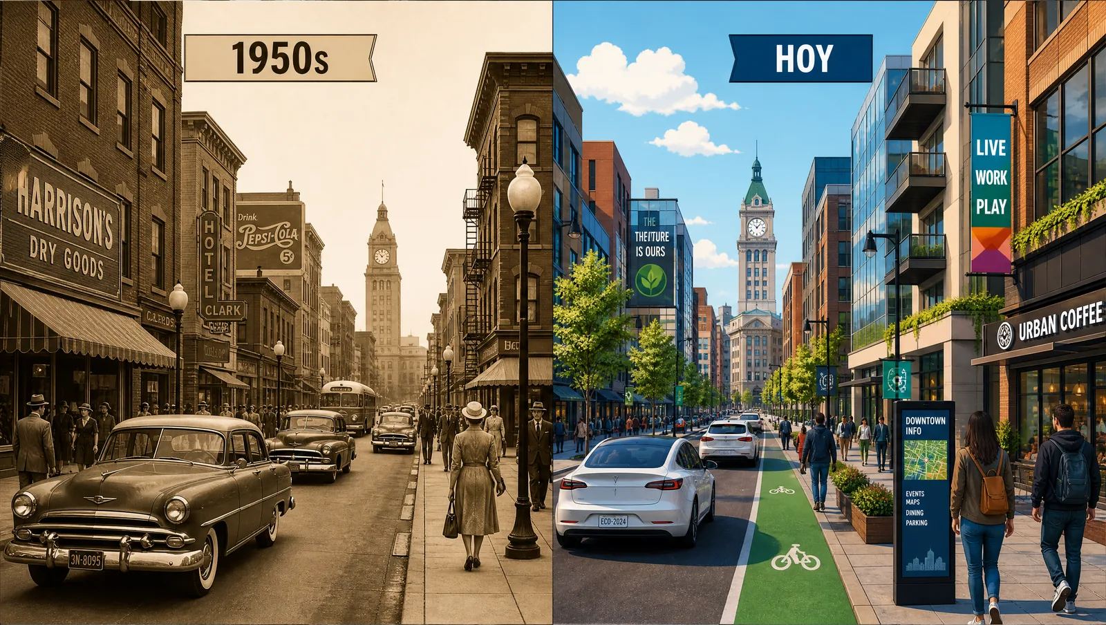 Una calle de la ciudad comparada lado a lado: en los años 50 y hoy