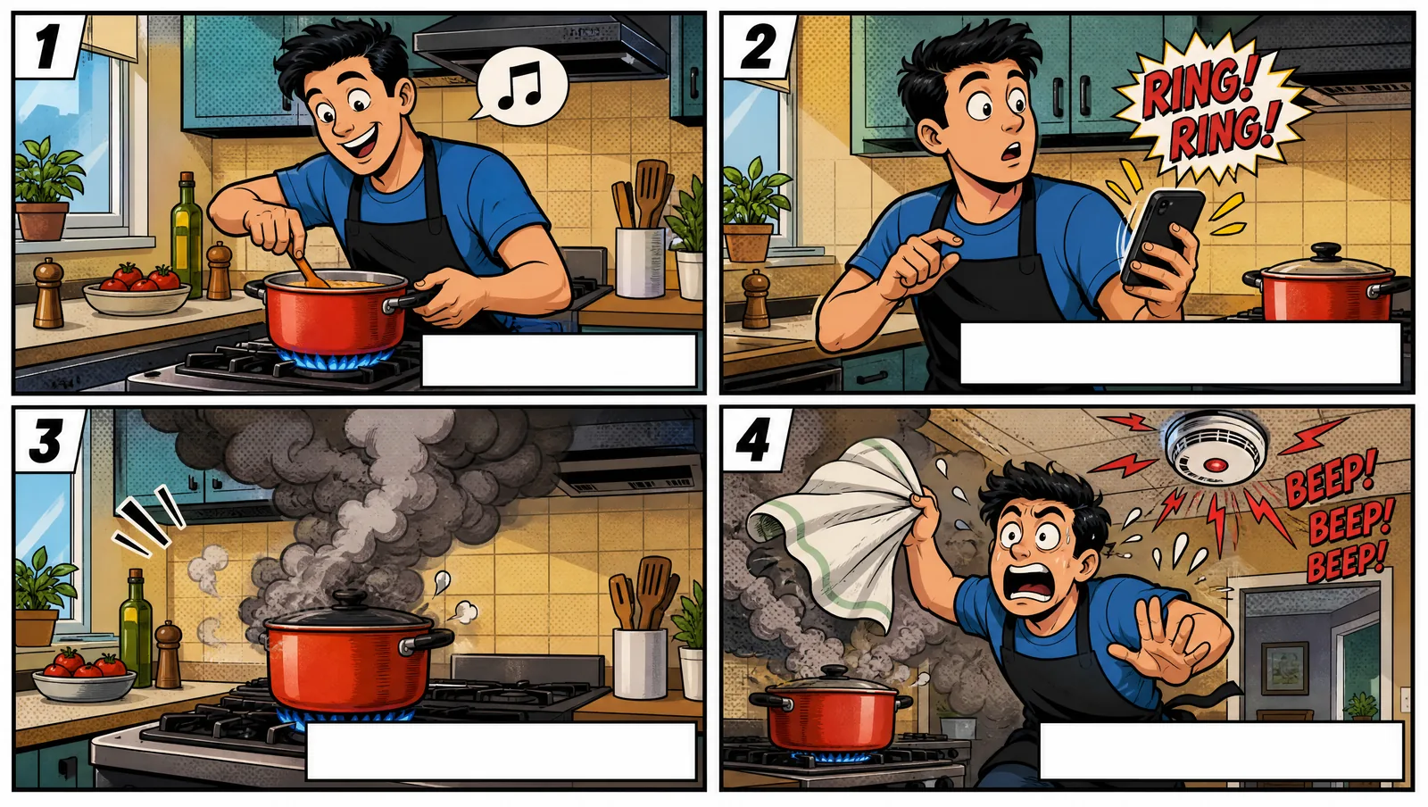 Un cómic de cuatro viñetas sobre un accidente en la cocina