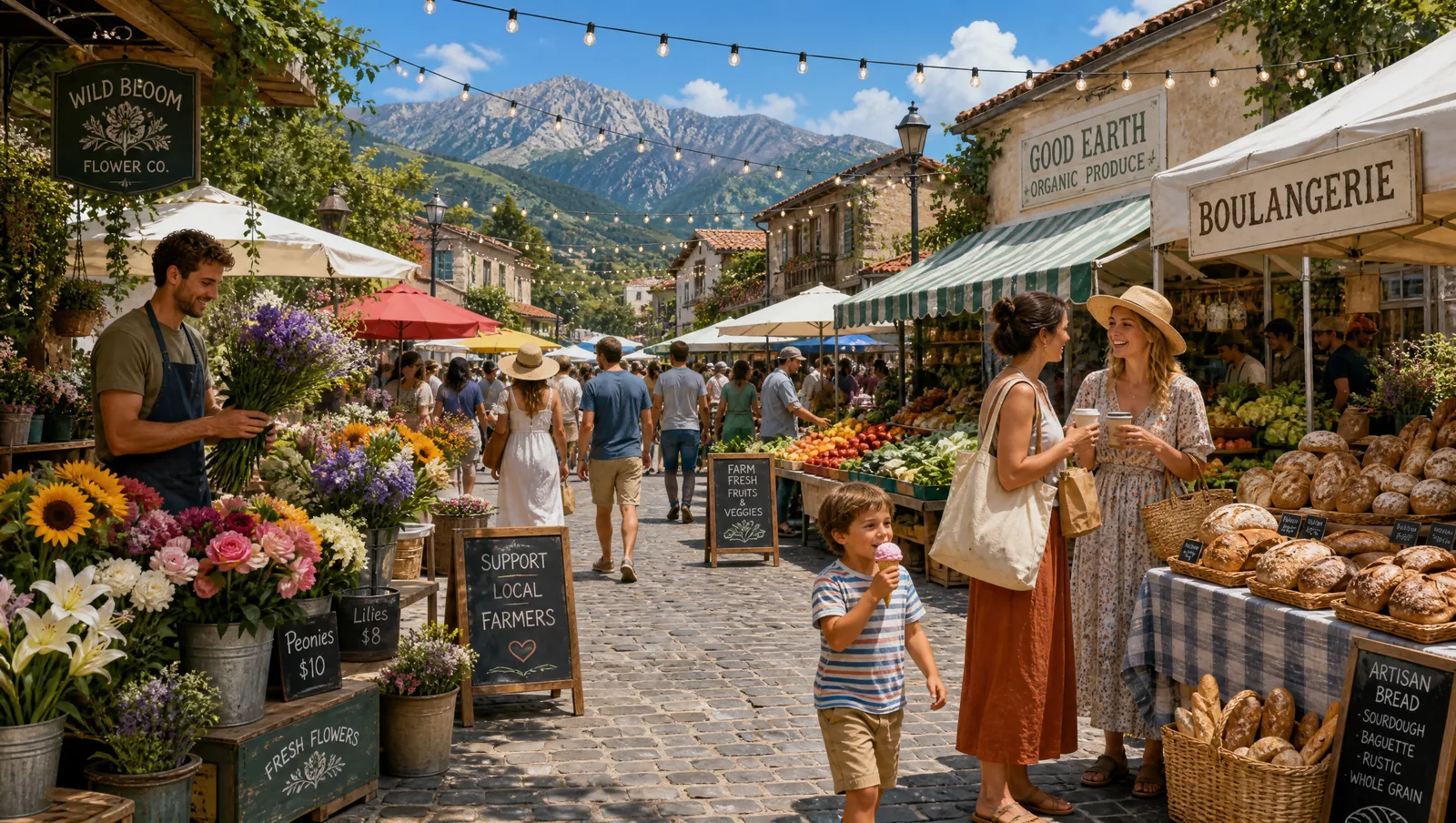 Una escena animada de un mercado al aire libre