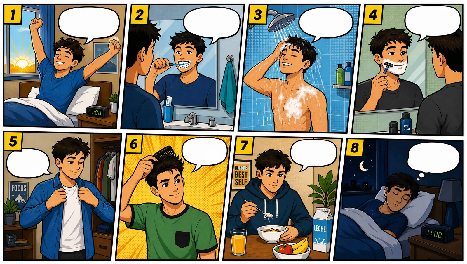 Un cómic de ocho viñetas sobre la rutina matutina de un joven