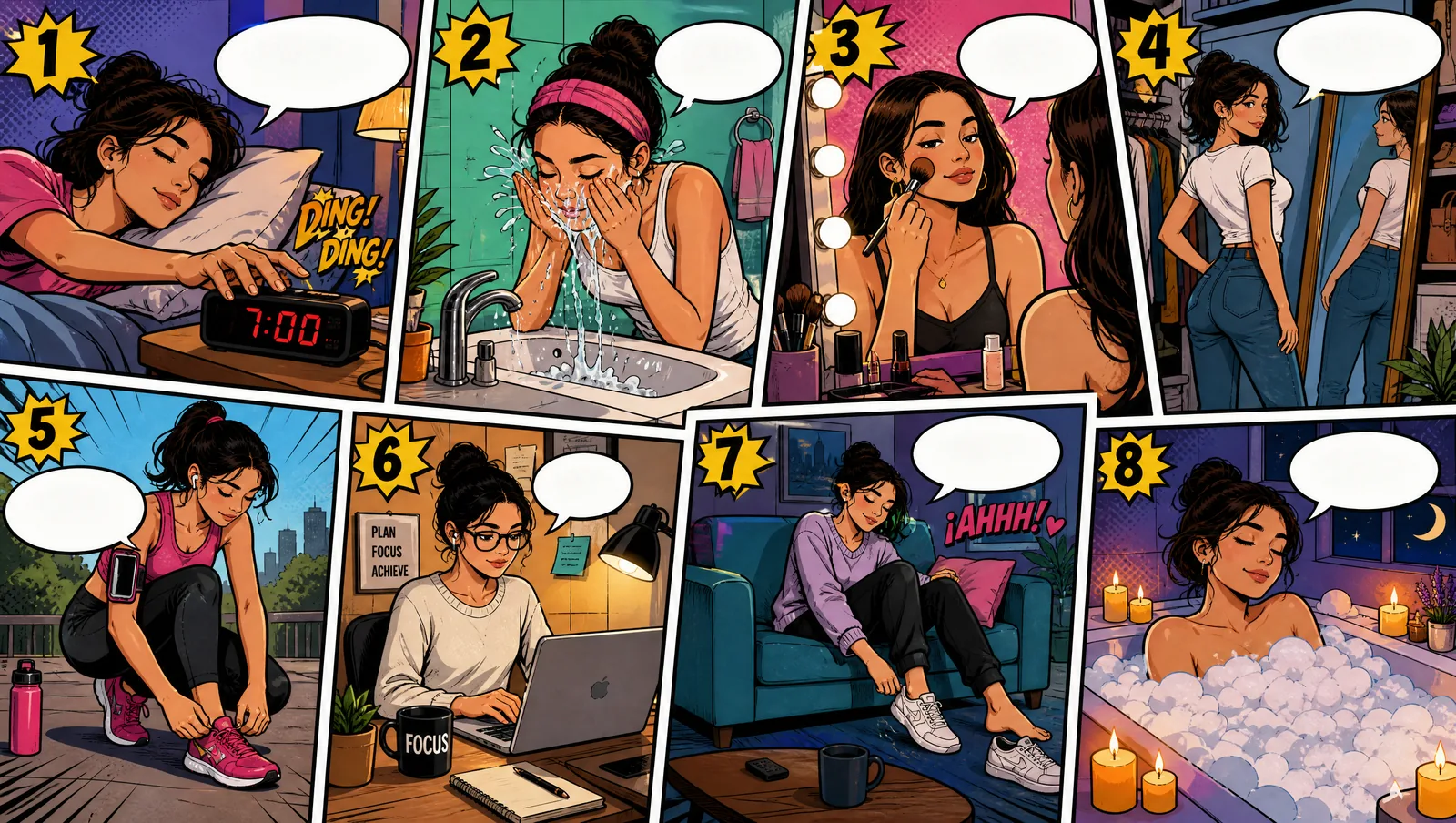Un cómic de ocho viñetas sobre la rutina diaria de una joven