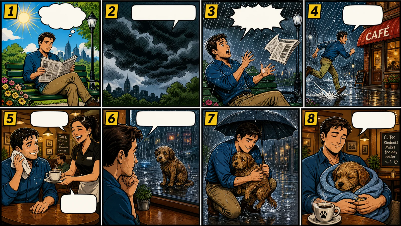Un cómic de ocho viñetas sobre un día lluvioso y un perro rescatado