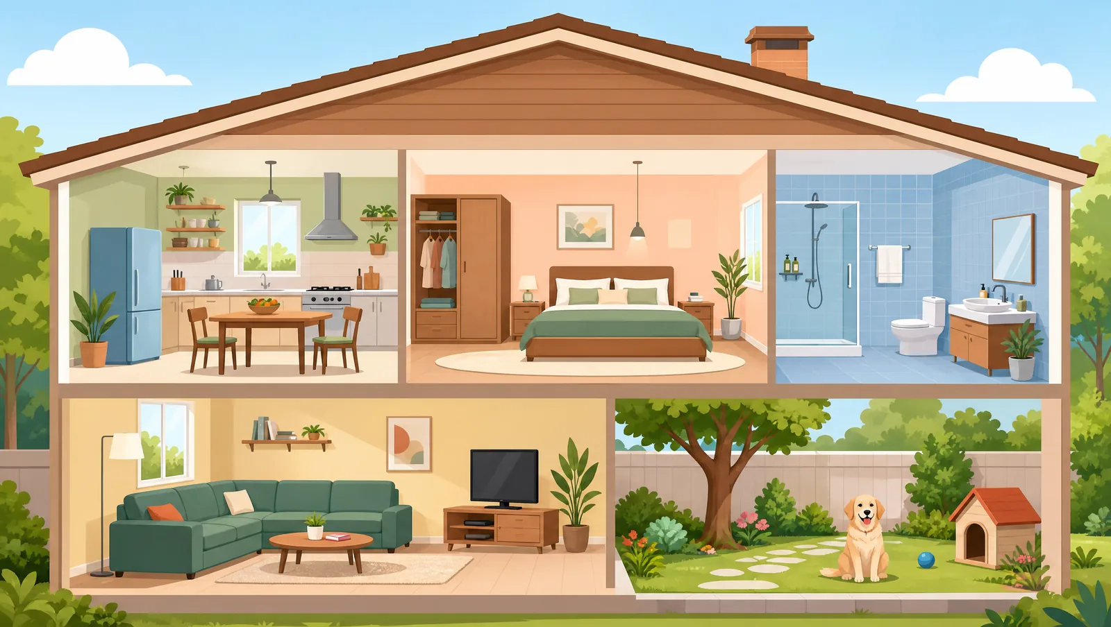 Ilustración en corte de una casa con cocina, recámara, baño y sala