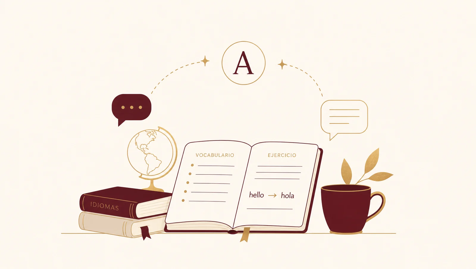 Illustration of an open Spanish study notebook with vocabulary and exercises