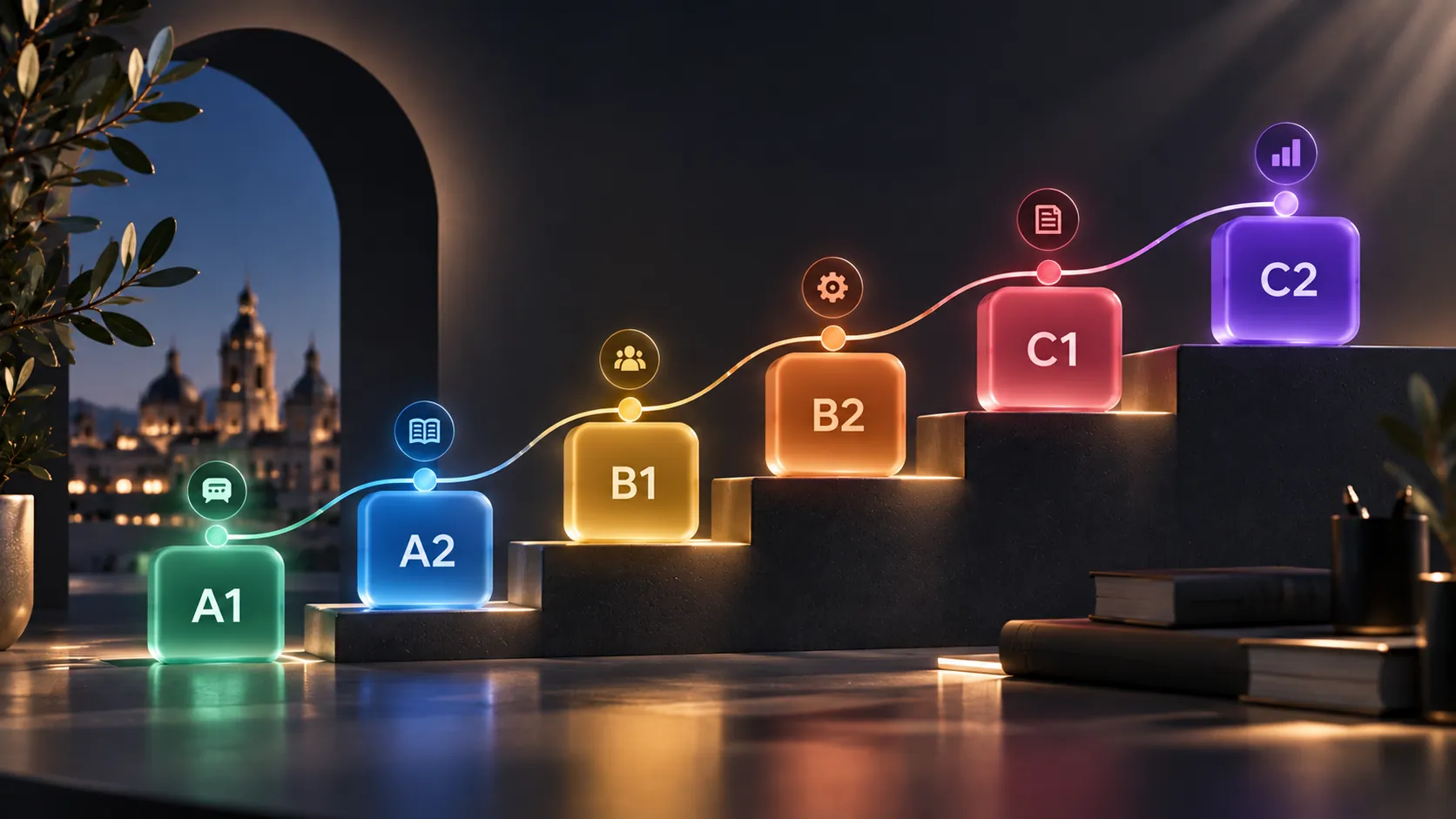 Six glowing steps labeled A1 to C2 climbing a staircase, from Spanish basics to advanced grammar