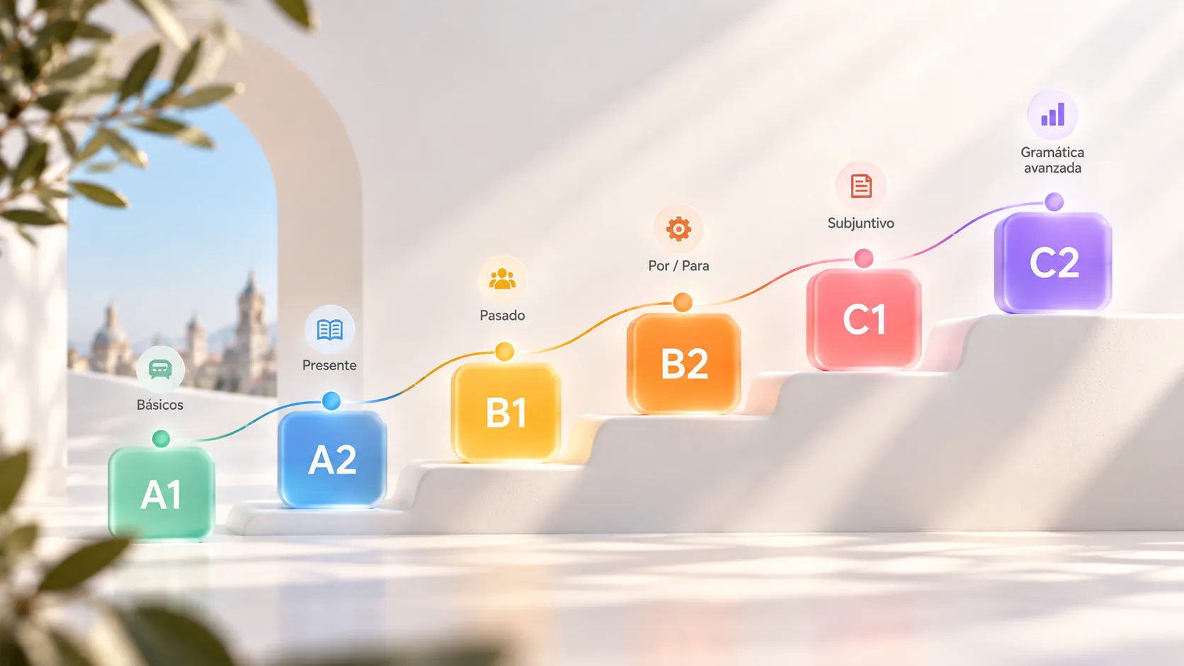 Six glowing steps labeled A1 to C2 climbing a staircase, from Spanish basics to advanced grammar