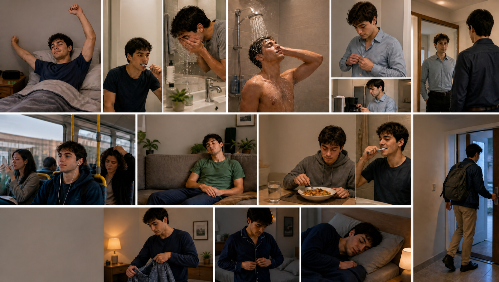 Collage of Carlos's morning and evening routine: waking up and stretching, brushing his teeth, washing his face, showering, buttoning his shirt, making coffee, checking himself in the mirror, riding the bus, napping on the sofa, eating dinner and brushing his teeth again, leaving through the front door, getting undressed, putting on pajamas, and falling asleep in bed.