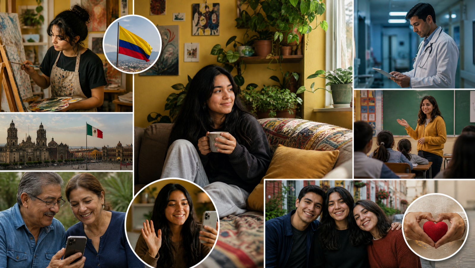 Collage about Sofía: painting as an art student, the Colombian flag, Sofía relaxing on a yellow sofa with a cup of coffee surrounded by plants, waving on a video call, the Mexico City skyline with the Mexican flag, her doctor brother at the hospital, her teacher sister in a classroom, her parents smiling at a phone together, Sofía with friends on a colorful street, and hands forming a heart.
