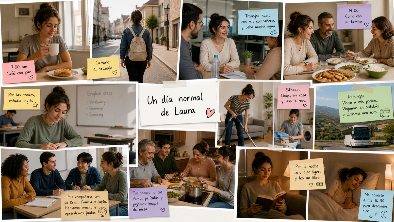 Collage of Laura's daily routine: coffee at 7am, walking to work, talking with coworkers, lunch with family at 2pm, English class in the afternoon, friends from Brazil, France and Japan, cleaning the house on Saturday, visiting her parents on Sunday by bus, cooking and watching movies together, and reading before bed at 10:30pm.