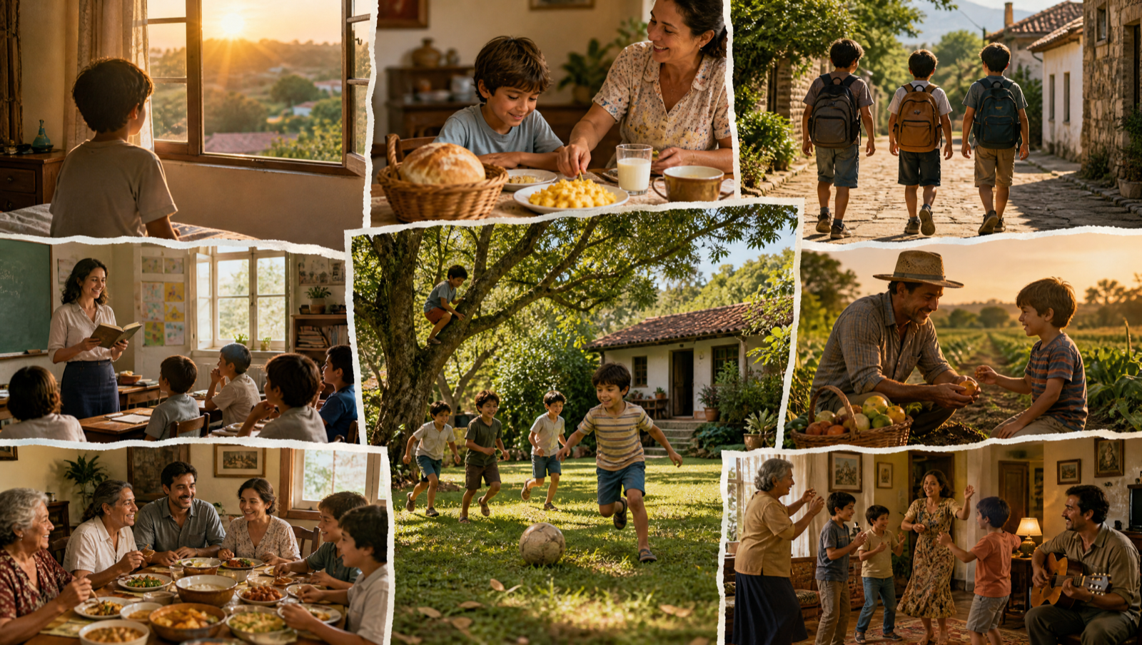 Collage of childhood memories: looking out at the sunset over the countryside, breakfast with mother, walking to school with friends, the teacher reading to the class, playing soccer and climbing a tree in the garden next to a small village house, helping father pick fruit in the field, and the family eating, dancing, and playing guitar together.