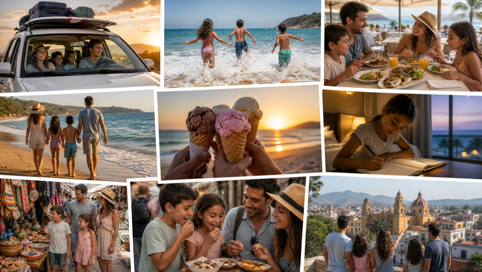 Collage of Ana's family beach vacation: driving to the coast at sunset, the kids running into the waves, lunch at a beachfront restaurant, walking along the shore, holding ice cream cones at sunset, writing in a diary by the hotel window, browsing a local market, trying street food, and admiring the view over the old town.