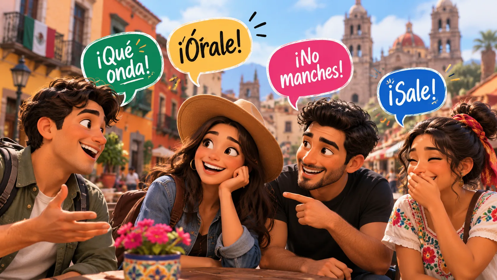 Four friends laughing at a café table in a colorful Mexican plaza, with speech bubbles saying ¡Qué onda!, ¡Órale!, ¡No manches! and ¡Sale!
