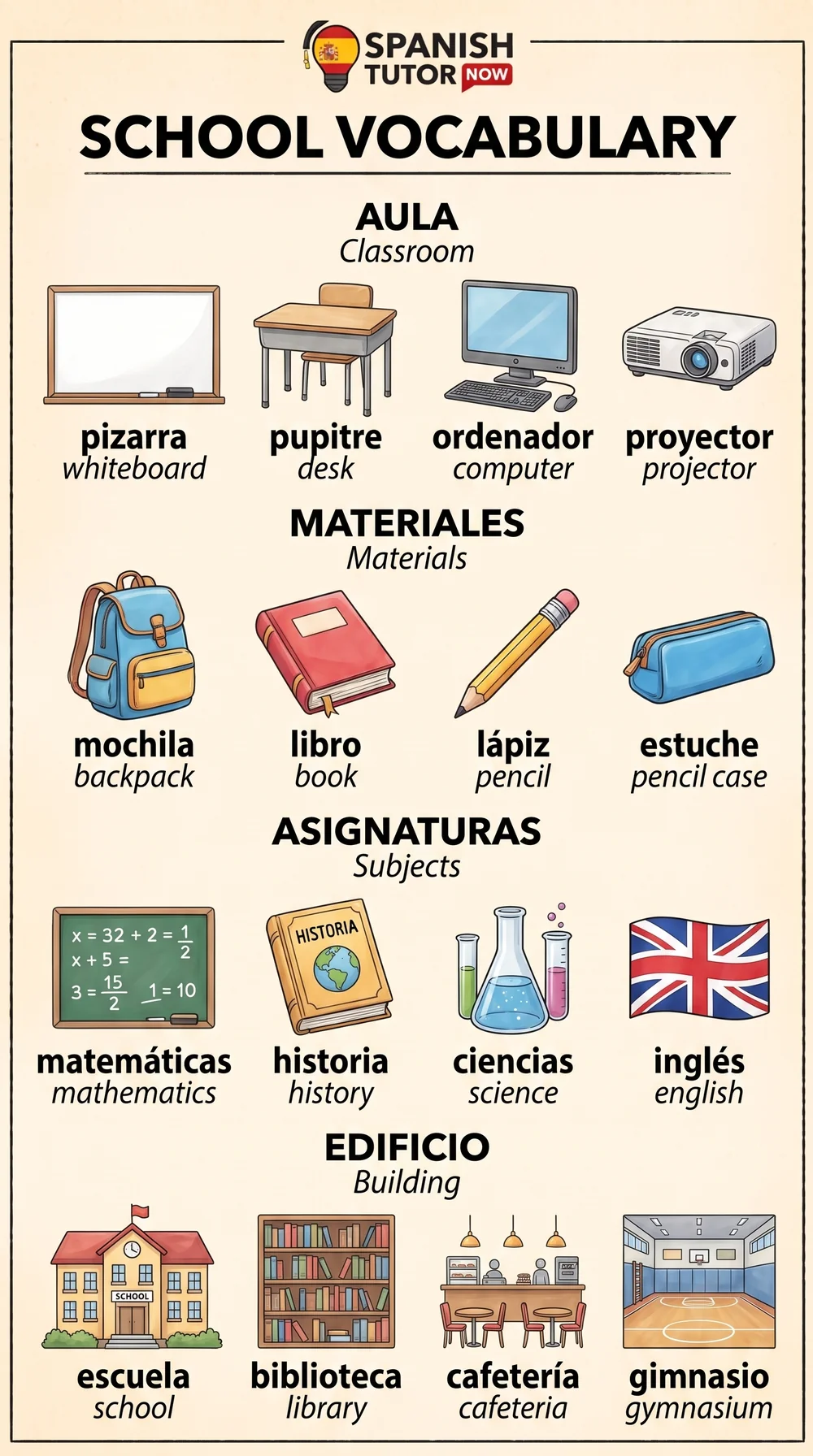 School vocabulary chart: more classroom, materials, subjects, and building items in Spanish with English translations