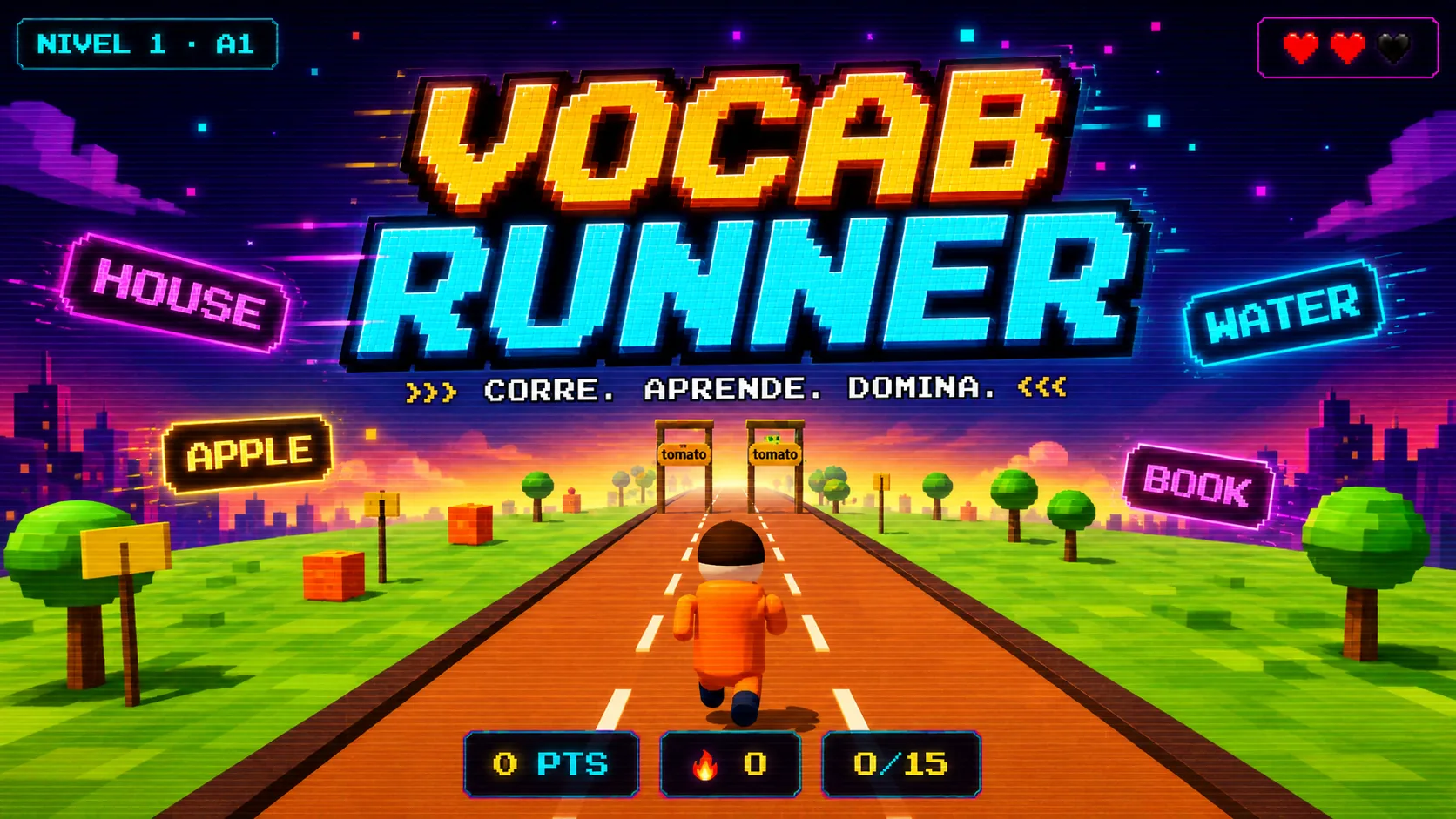 Vocab Runner — pixel art del corredor avanzando por la carretera hacia dos puertas con palabras en español